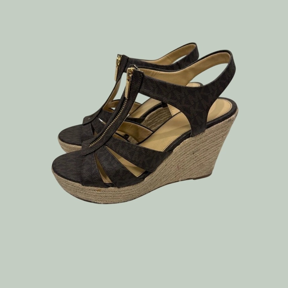 Michael Kors Berkley Women's Brown MK Logo Espadrille Wedge Zip Sandals Size 9.5 - Picture 4 of 6